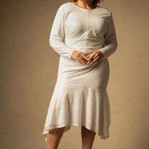 Eloquii Cream Textured Long-Sleeve Midi Dress